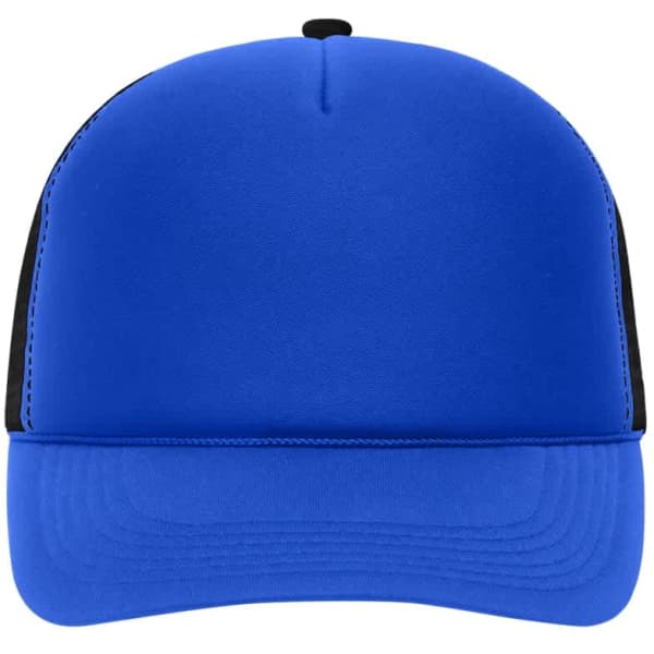 A blue and black five-panel retro mesh cap with a curved brim and a logo on the front.
