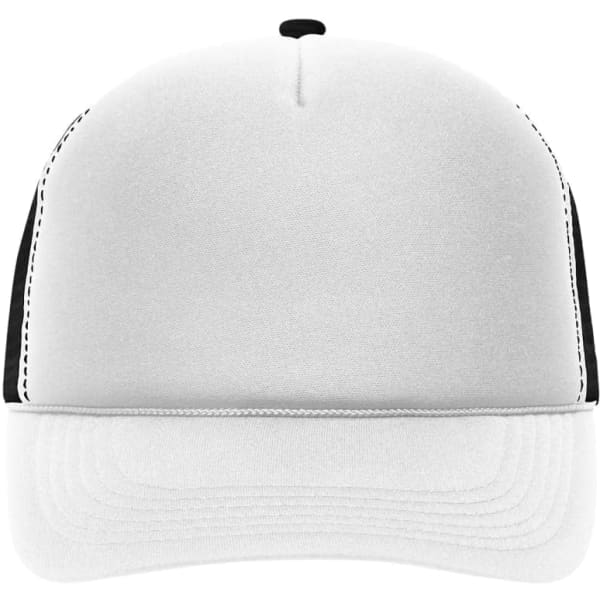 A 5 panel retro mesh cap featuring a white front and black mesh sides, with a logo on the front.