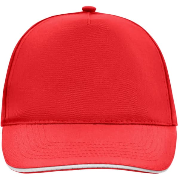 A red 5 Panel Promo Sandwich Cap featuring a structured design and a logo on the front.