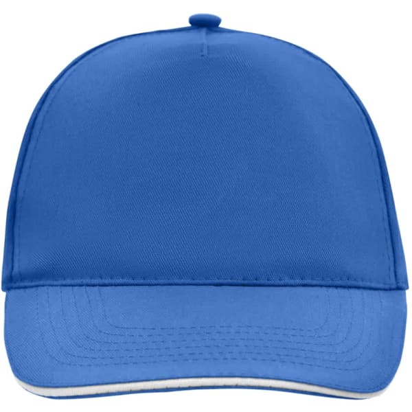 A blue 5 Panel Promo Sandwich Cap featuring a structured design and a logo on the front.