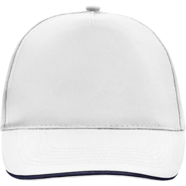 A white 5 Panel Promo Sandwich Cap with a contrasting navy underside on the brim and a logo on the front.