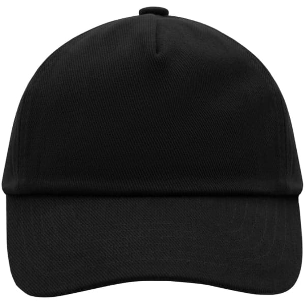 A black 5 panel cap featuring a smooth texture and a rounded crown, with a logo on the front.
