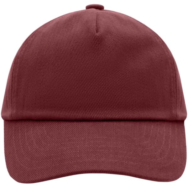 A maroon 5 panel kids' cap with a rounded crown and a curved brim, featuring a branding logo.