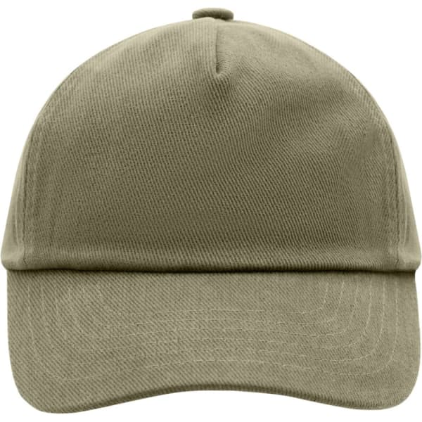 A 5-panel kids' cap in a muted olive green colour, featuring a rounded crown and a curved brim.