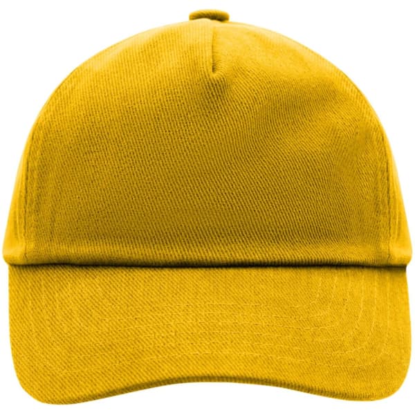 A yellow 5 panel kids' cap with a curved brim and a logo on the front.