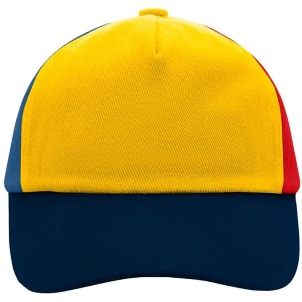 A 5-panel kids' cap featuring a yellow top, red and blue sides, and a navy blue brim. It includes a logo.