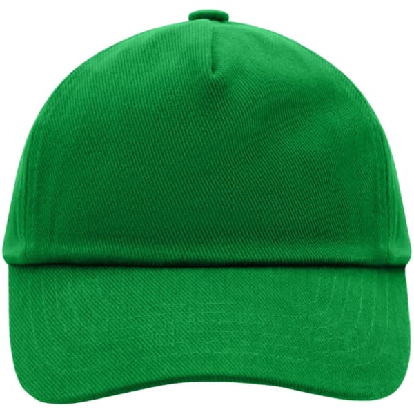 A green 5-panel cap featuring a curved brim and a top button, with a branding logo present.
