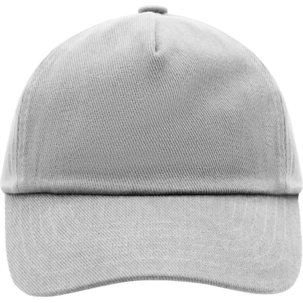 A grey 5 panel kids' cap with a curved brim and a logo on the front. Ideal for headwear.