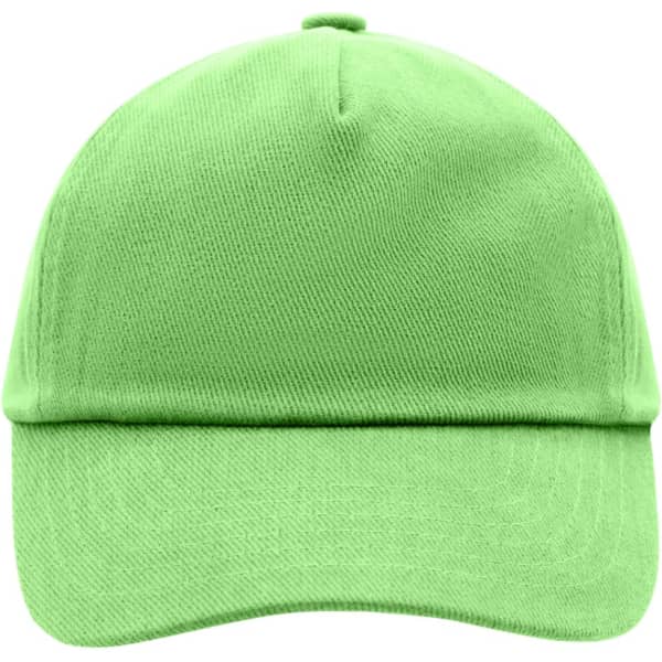 A green 5-panel kids' cap with a curved brim and a logo on the front.