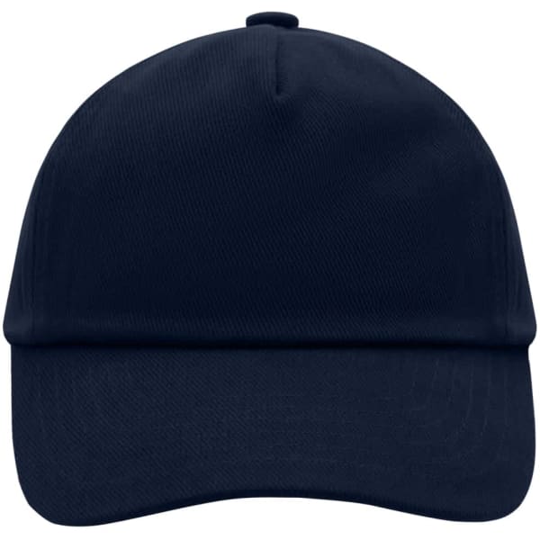 A navy blue 5 panel kids' cap with a curved brim and a round top, featuring a logo.