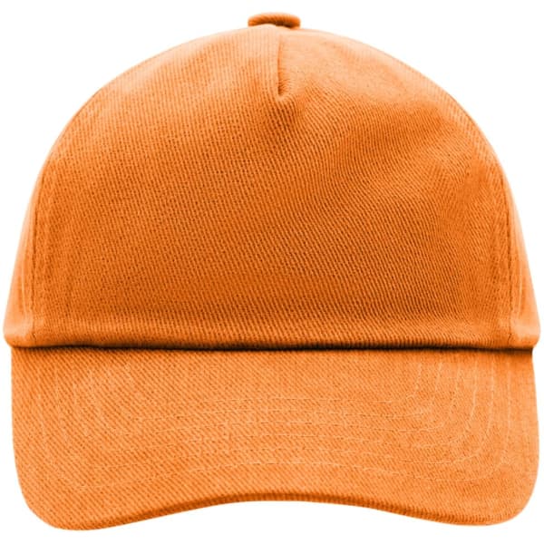 An orange 5 panel kids' cap with a curved brim and a top button, featuring a logo.