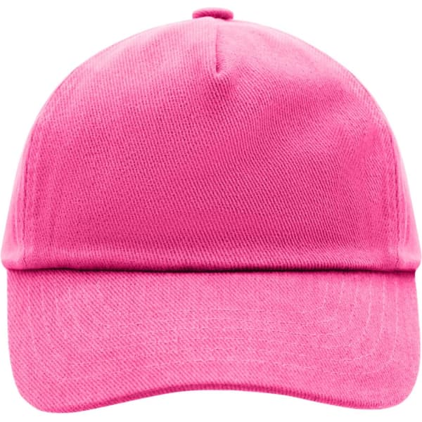 A pink 5-panel kids' cap with a curved brim and a logo on the front.