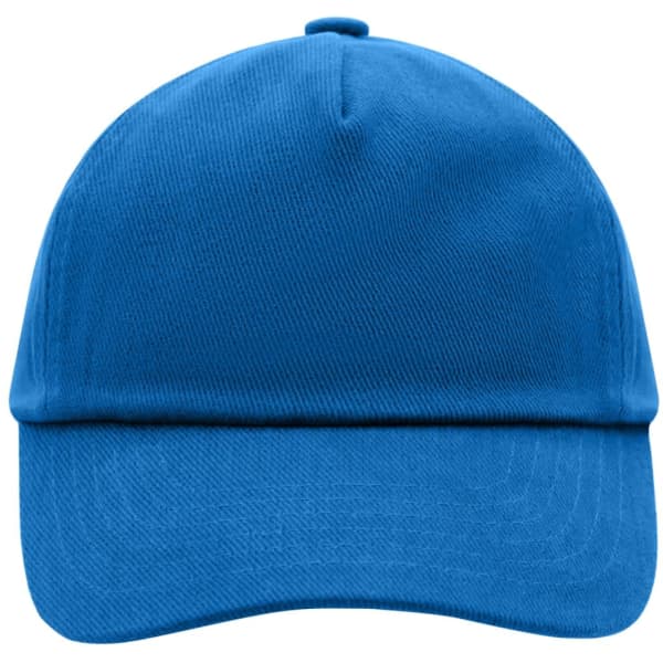 A bright blue 5 Panel Kids' Cap with a rounded crown and a curved brim, featuring a logo.