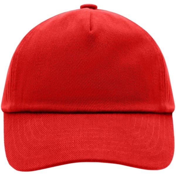A red 5 panel cap featuring a curved brim and a logo on the front.
