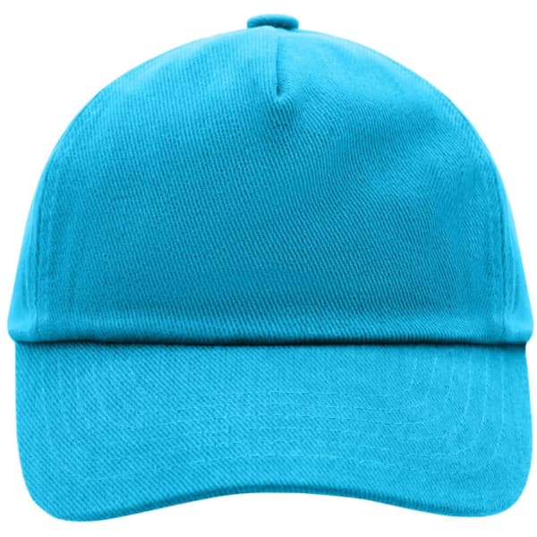 A vibrant turquoise 5 Panel Kids' Cap featuring a structured design and a logo on the front.
