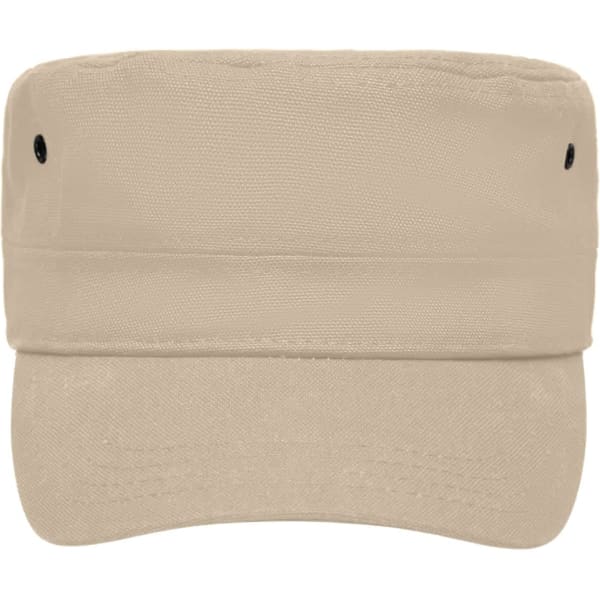 A beige military cap for kids featuring a wide brim and eyelets on the sides, sports a simple design.