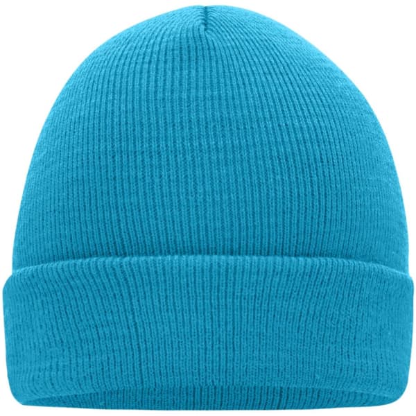 A knitted cap in bright turquoise, featuring a folded brim and a textured pattern, with a logo on the side.
