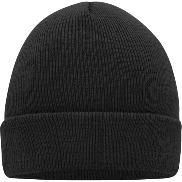 A knitted cap in solid black, featuring a ribbed texture and a rolled cuff design. It has a logo on the side.