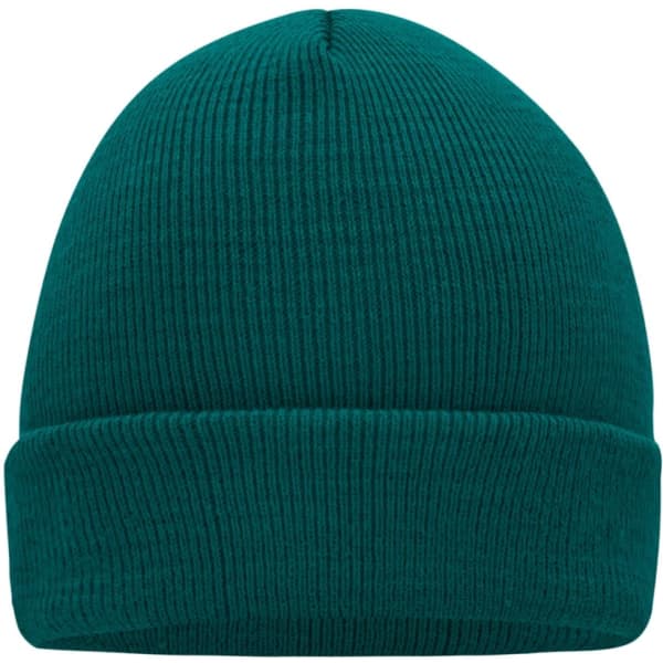 A teal knitted cap featuring a ribbed design and a rolled brim. It has a logo on one side.