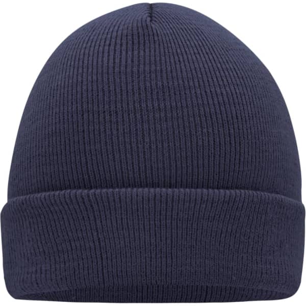 A knitted cap in navy blue with a ribbed texture and a folded brim. It features a logo on the side.