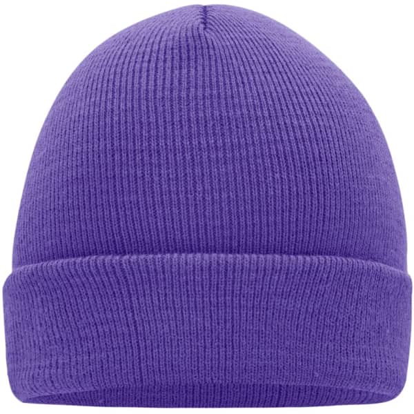 A knitted cap in a vibrant purple colour, featuring a folded cuff and ribbed texture.