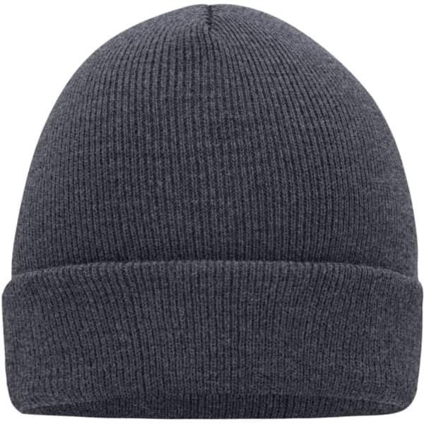 A grey knitted cap with a ribbed texture and folded edge, featuring a logo on the side.