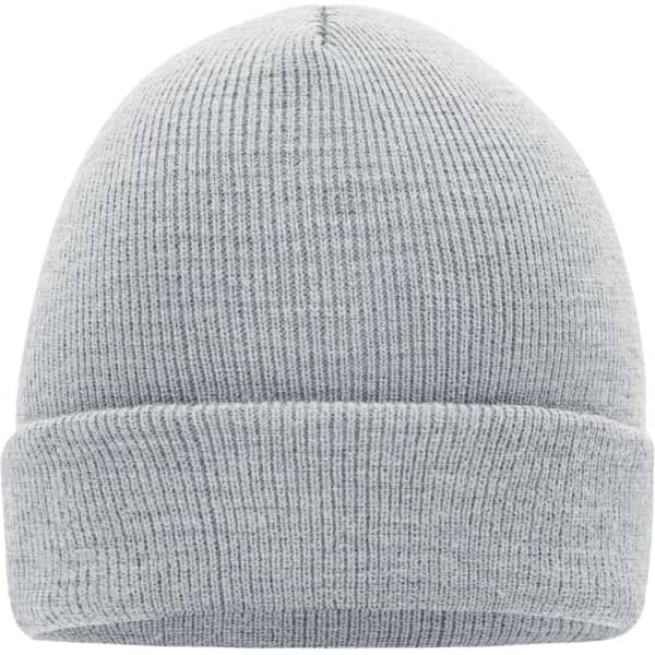 A knitted cap in a soft grey colour, featuring a ribbed design and a folded cuff.