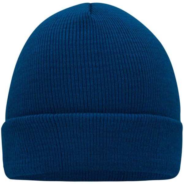A knitted cap in deep blue with a ribbed texture and a folded cuff. It features a logo on the side.