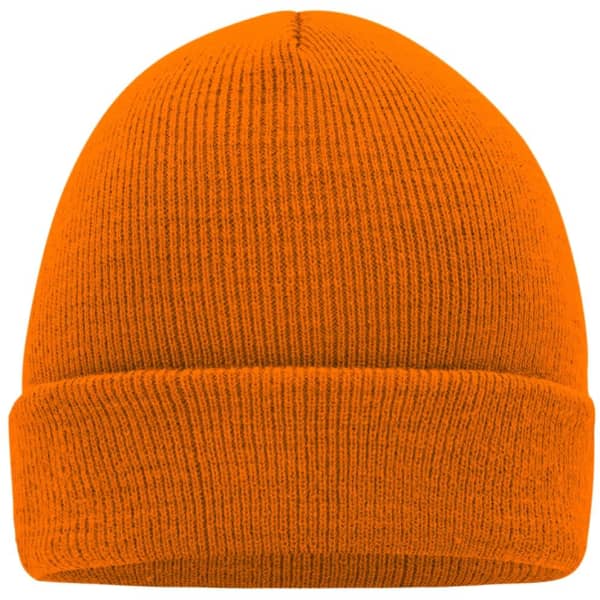 An orange knitted cap with a rolled brim and textured fabric. Features a logo on the side.