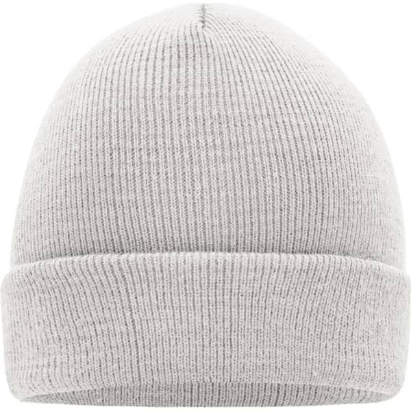 A grey knitted cap with a rolled cuff, featuring a plain design and no visible branding.