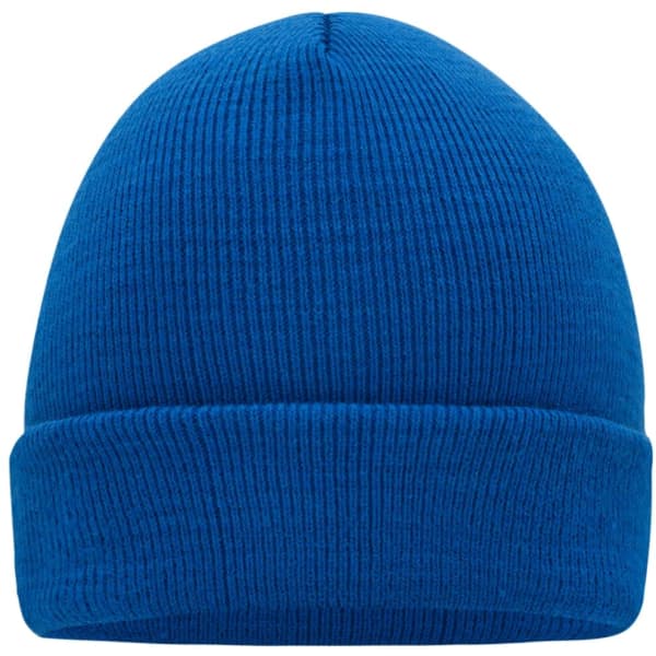 A blue knitted cap with a ribbed texture and folded cuff, featuring a logo on the side.