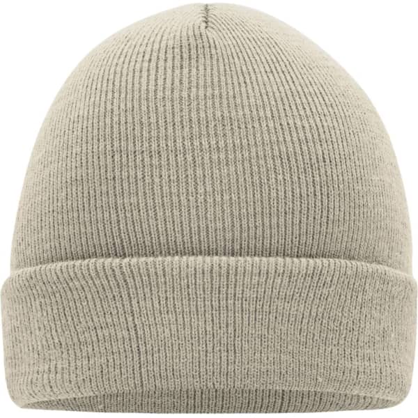 A knitted cap in a muted green shade with a turned-up brim and textured fabric. It has a small logo on the side.