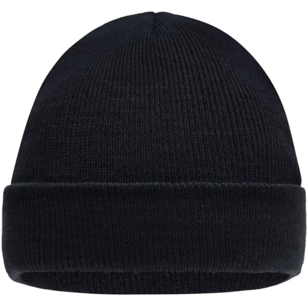 A knitted cap for kids in solid black, featuring a foldable brim. The item has branding on it.