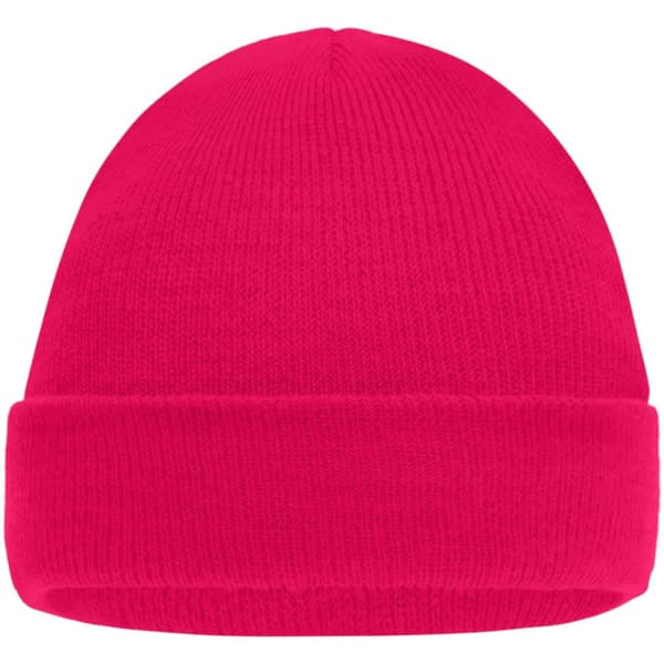 A knitted cap for kids in vibrant pink, featuring a folded brim and a simple design. 