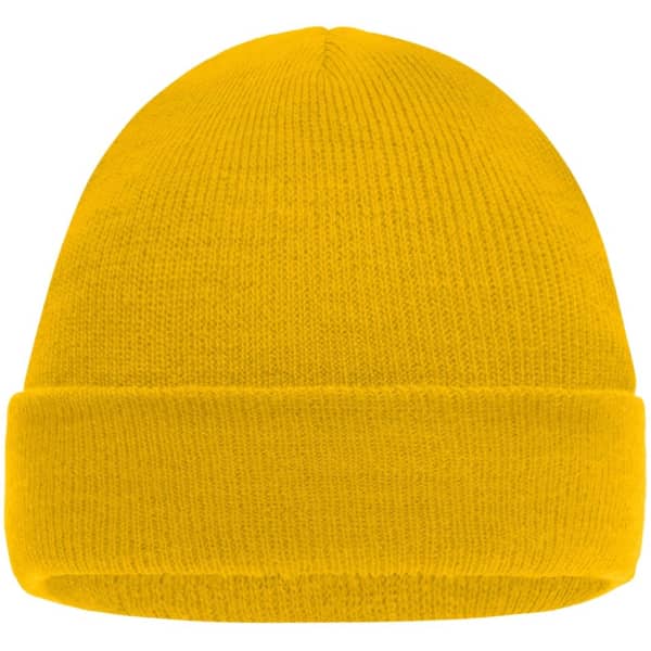 A knitted cap for kids in bright yellow with a folded brim, featuring a logo.