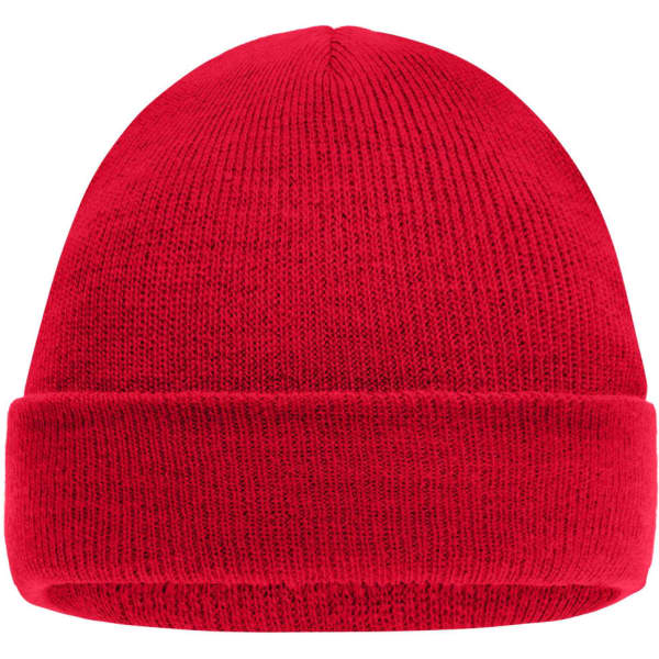 A red knitted cap for kids featuring a folded brim. The item has a simple, classic design.