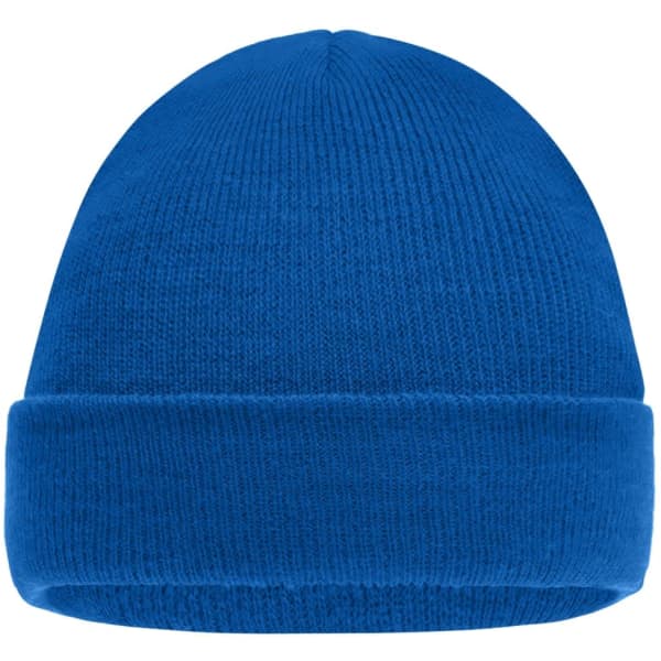 A blue knitted cap for kids with a folded cuff. The cap features a simple design and has a logo.