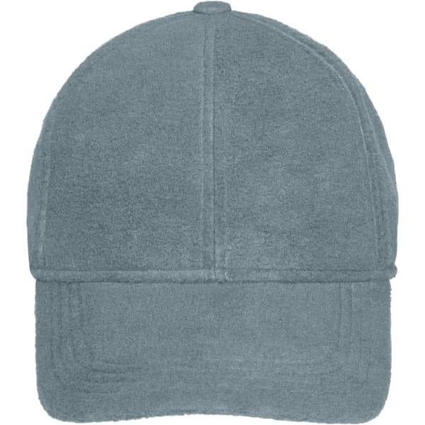A grey, six-panel fleece cap with earflaps and a curved brim. It features a logo on the side.