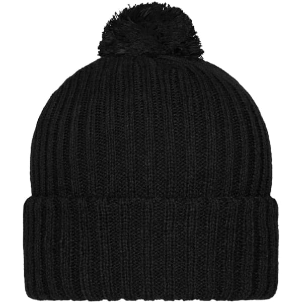 A black knitted cap featuring a pompon on top, with a ribbed design and a folded brim.