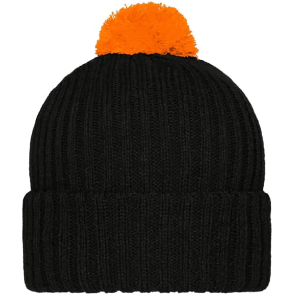 A black knitted cap with a bright orange pompon on top. It features a ribbed texture and a folded cuff.