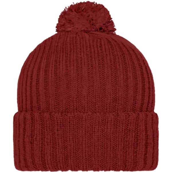 A knitted cap in a rich burgundy colour featuring a fluffy pompon on top. It has a ribbed texture and a fold-up cuff.