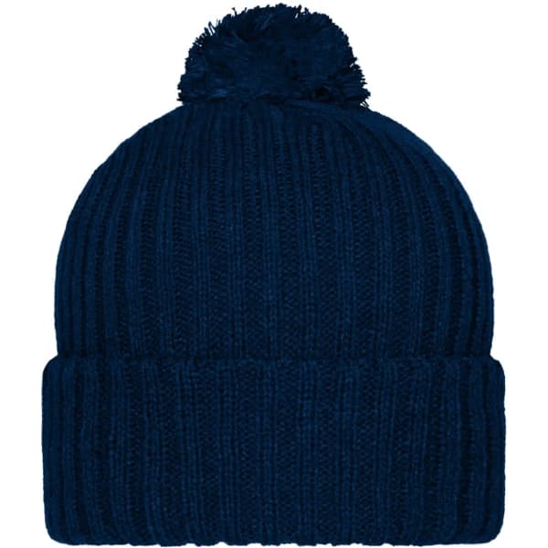 A knitted cap in navy blue with a pompon on top. It features a ribbed texture and a fold-over brim.