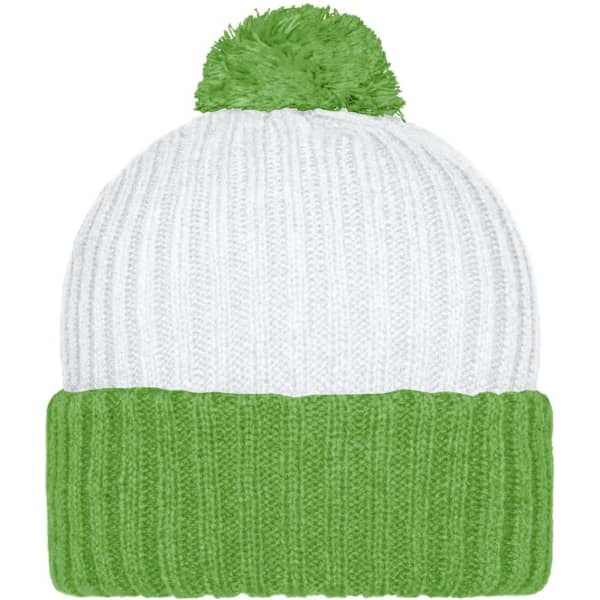 A knitted cap with a green brim and a white body, topped with a green pompon. It features a logo on the side.