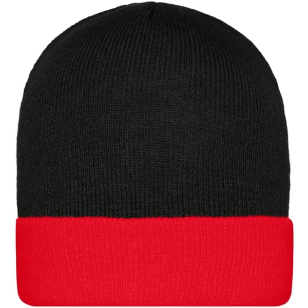 A knitted cap featuring a black top and a red cuff, complete with a logo on the side.