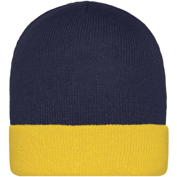 A knitted cap in navy blue with a bright yellow cuff. The cap has a logo on it.