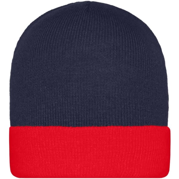 A knitted cap in navy blue with a red fold-over brim. The product features a logo.