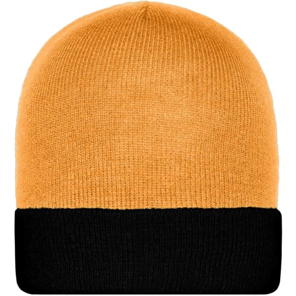 A knitted cap featuring a bright orange body and a black cuff, with a logo on the side.