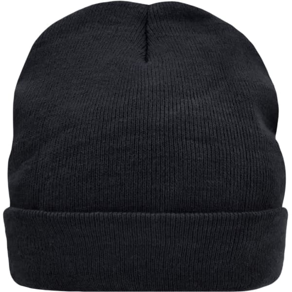 A black knitted cap featuring a fold-up brim and a logo on the side.