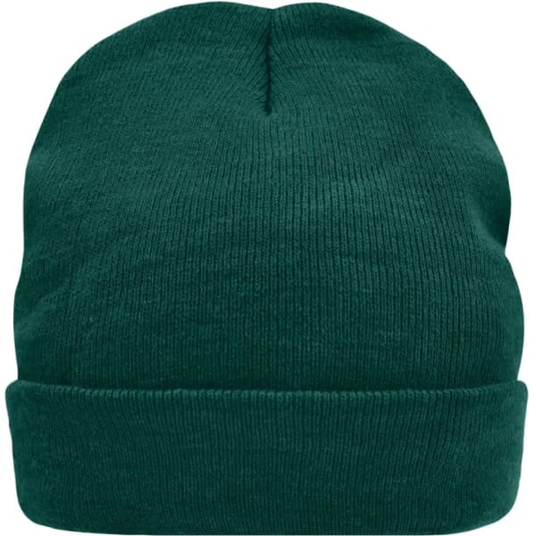 A green knitted cap featuring a fold-over brim and a textured finish, also displaying a logo.