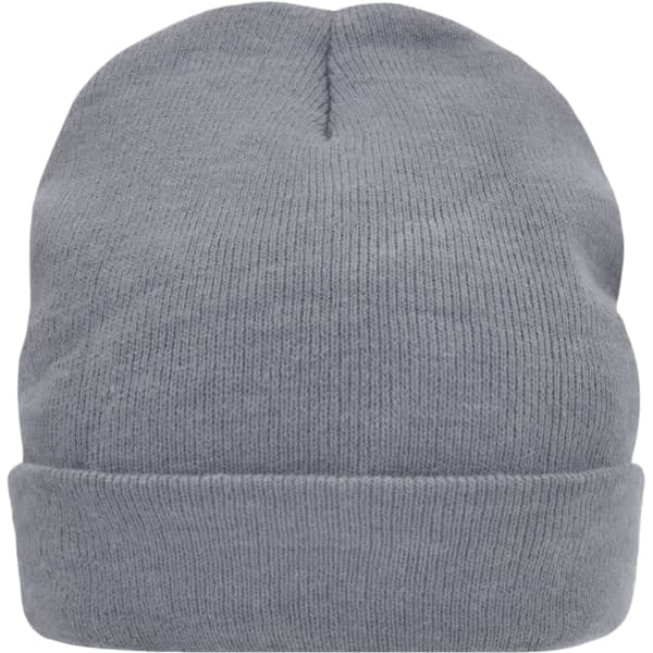 A grey knitted cap with a folded cuff, featuring a small logo on the side.